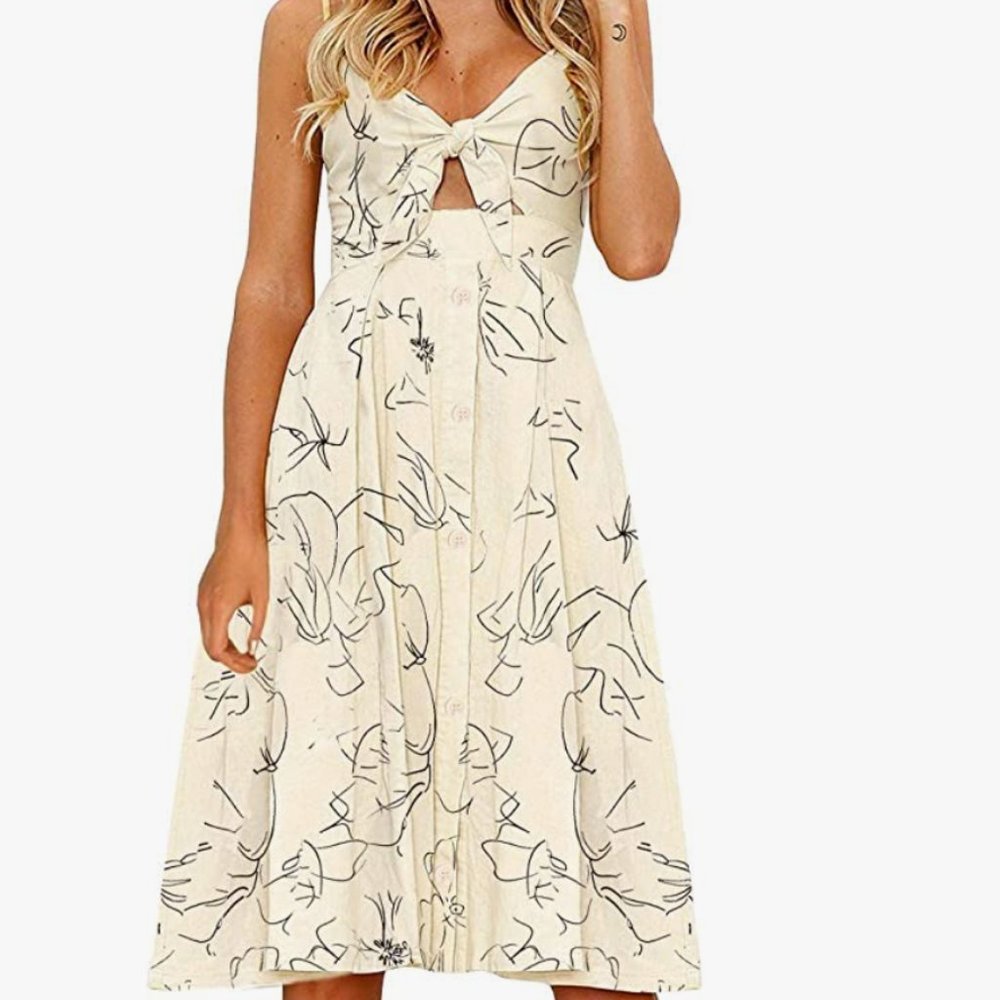 White Floral Prints Tie Front Button Down Spaghetti Strap Midi Dress - Size Smal